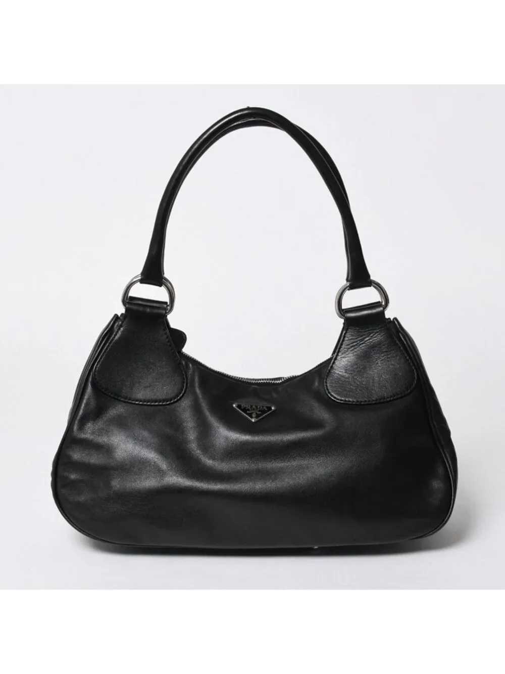 Prada Black Leather Handbag Silver Metal Patent Plate